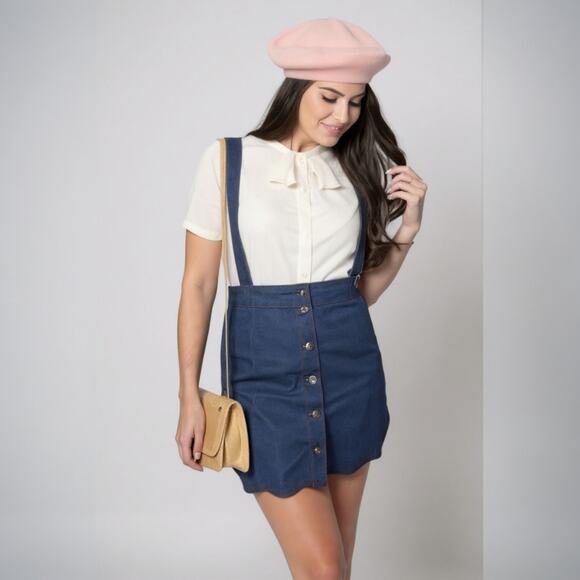 Unique New Unique Vintage Denim Button Suspender Skirt Scallop 1X #293 - Picture 3 of 6